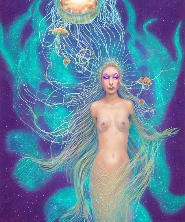 Prompt: portrait of a levitating floating in space goddess mermaid with (reaction diffusion) scaled fish skin Bioluminescent phoenix jellyfish, phoenix fire, chimera, energy rays, Her breath shot a haze of steam out into the frosty morning air concept, soft light, soft mood, realistic body features and face, illustration,intricate ornament halo, painting oil on canvas by Elena Zhurikhina and Goro Fujita and Charlie Bowater, octane render trending on artstation, 4k, 8k, HD