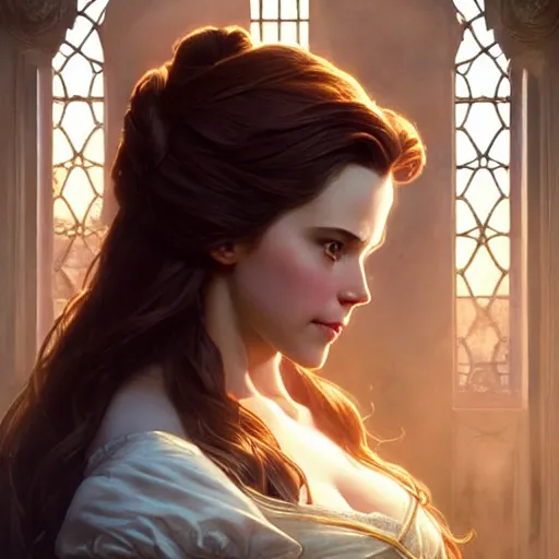 Image similar to belle beauty and the beast ; ultra realistic, concept art, intricate details, eerie, haunting, highly detailed, photorealistic, octane render, 8 k, unreal engine. art by artgerm and greg rutkowski and charlie bowater and magali villeneuve and alphonse mucha