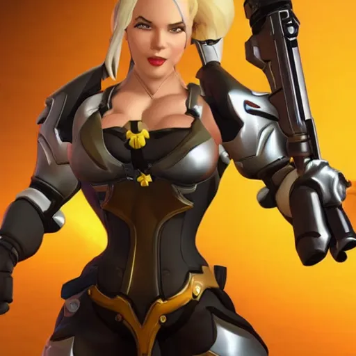 Prompt: a screenshot of arnold schwarzenegger as mercy in overwatch, full body shot