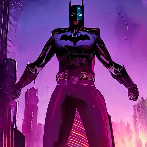 Image similar to batman beyond, cyberpunk, cityscape, purple sky, artgerm, greg rutkowski