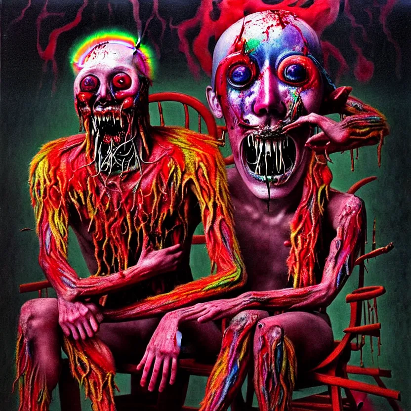 Image similar to a close - up portrait of a beautiful flesh - eating timikawa with rainbow fur eating a screaming man, sitting on chair made of human limbs, the chair is floating in a lake of blood, surrounding the lake are melting trees, photograph by yousouf karsh, hyperrealistic nightmare scene, supernatural, highly detailed, creepy, terrifying