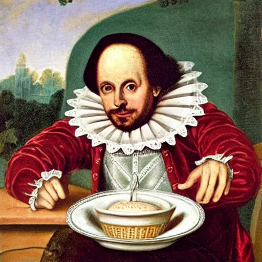 Prompt: william shakespeare enjoying a comically huge bowl of ice cream