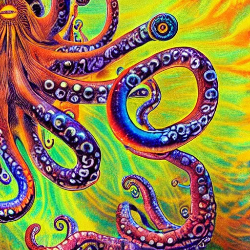 Prompt: fiery whimsical emotional eyes cephalopod with colorful bifrost tentacles, surreal painting by Ernst Haeckel, in a photorealistic macro photograph with shallow DOF, artstation