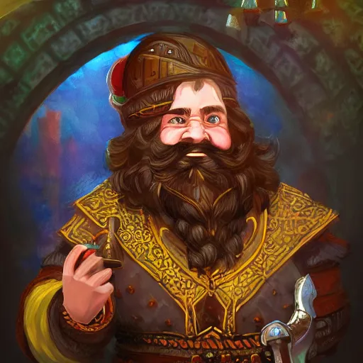 Prompt: dwarven male bard in a tavern full frame, d & d style, trending on artstation, colorful, intricate, art by kev chan