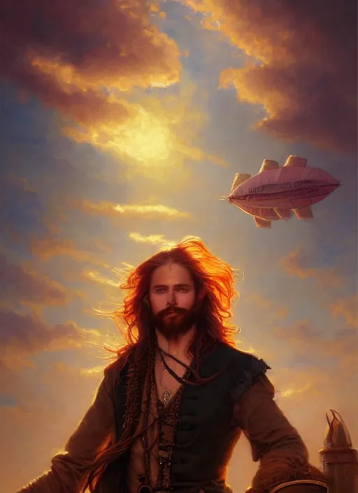 Image similar to portrait painting of a handsome face rugged long hair crimson hair male pirate, top half portrait soft hair steampunk ornate zeppelin blimp airship in the background sky sunset golden hour fantasy soft hair deviantart book cover art dramatic volumetric lighting art by wlop greg rutkowski gaston bussiere