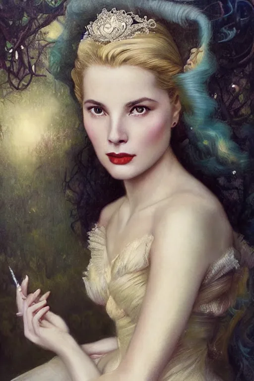 Image similar to a young, sobbing, and extremely beautiful grace kelly infected by night by tom bagshaw in the style of a modern gaston bussiere, art nouveau, art deco, surrealism. extremely lush detail. melancholic scene infected by night. perfect composition and lighting. sharp focus. profoundly surreal. high - contrast lush surrealistic photorealism. sobbing, anguish.