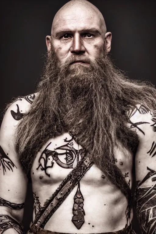 Prompt: a cinematic view of wide photo from a very ornated old shaman viking berseker, half shaved haircut, showing nordic tattoos in the chest, scars in the face, long beard, using leather armour with bones, photorealistic, volummetric light, detailed, texturized, zeiss lens professional mode