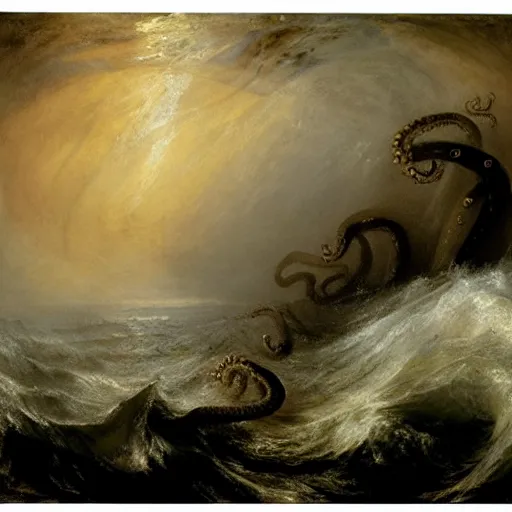 Prompt: giant octopus with huge tentacles dancing above the waves of an angry ocean, by jmw turner