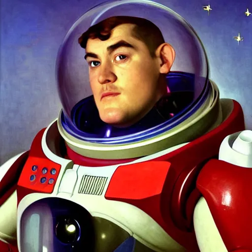 Image similar to studio portrait of buzz lightyear. in a red communist space suit with communist symbols. symmetry. intricate details. 8 k. artistic light. art by john singer sargent - adolphe bouguereau - ralph mc quarrie