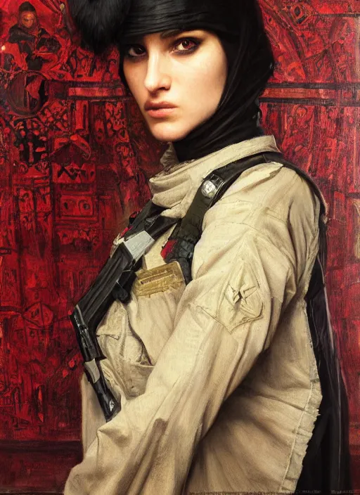 Prompt: Ada. beautiful cyberpunk assassin wearing a military vest and military gear. gorgeous face. Iranian orientalist portrait by john william waterhouse and Edwin Longsden Long and Theodore Ralli and Nasreddine Dinet, oil on canvas. Cinematic, hyper realism, realistic proportions, dramatic lighting, high detail 4k