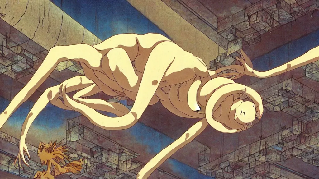 Prompt: a strange creature crawls on the ceiling of a Japanese temple, anime film still from the an anime directed by Katsuhiro Otomo with art direction by Salvador Dalí, wide lens