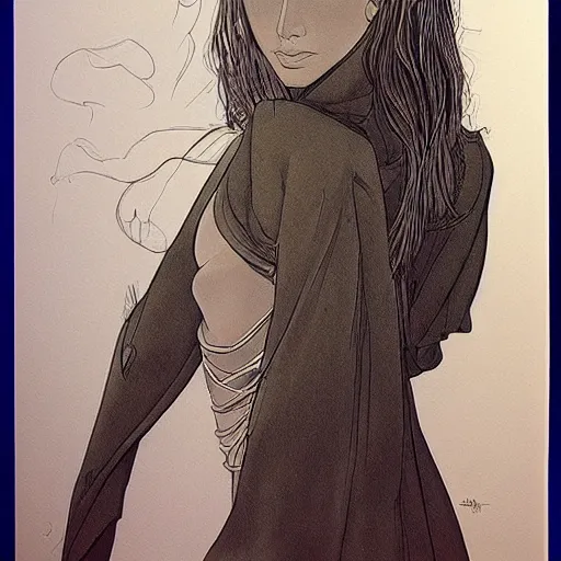 Image similar to drawing of a beautiful woman with black wings, by Moebius