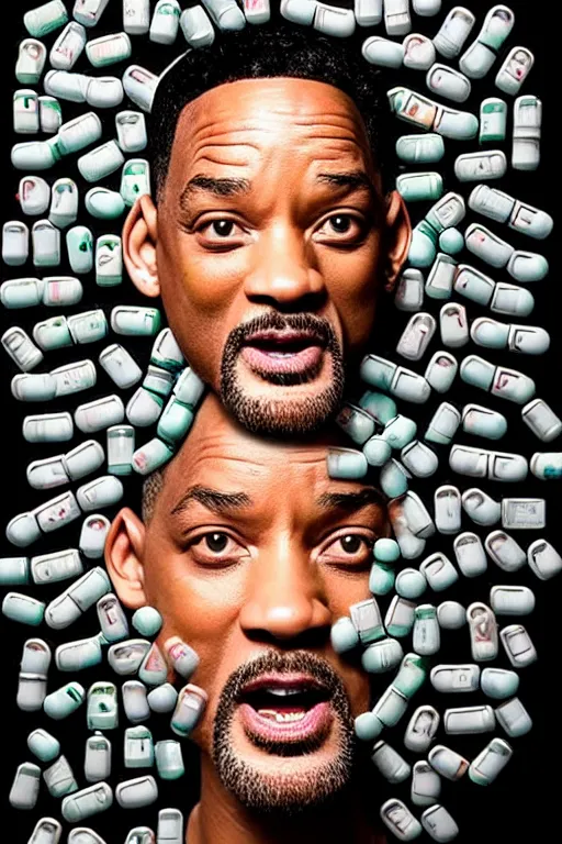 Prompt: will smith made out of pills, human face made out of pills, professional food photography