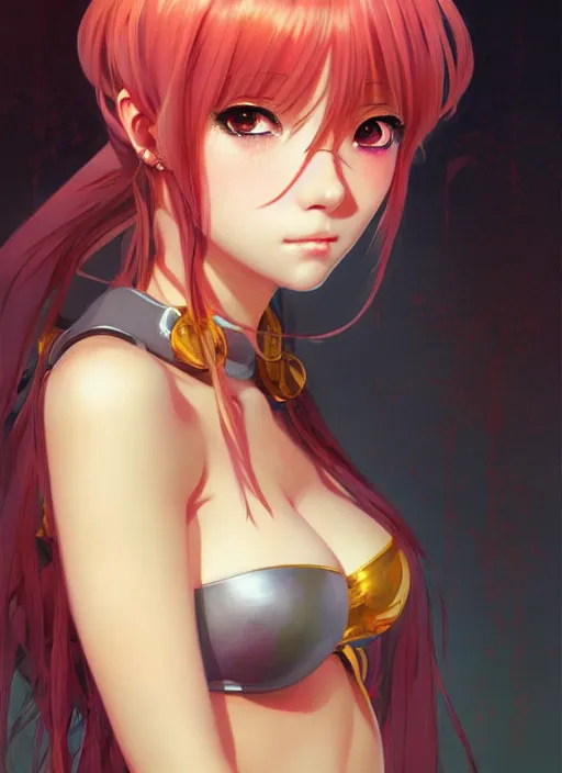 Prompt: portrait of beautiful young anime girl in bikini armor, cute-fine-face, pretty face, realistic shaded Perfect face, fine details. Anime, cyberpunk, Warhammer, highly detailed, artstation, illustration, art by Ilya Kuvshinov and Gustav Klimt