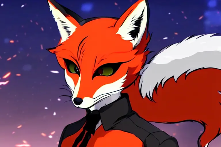 Image similar to a furry tan male fox on a persona 5 : royal ( by atlus ) video game splash screen, a furry male sandcolored tan fox fursona ( has hair ), persona 5 phantom thief style