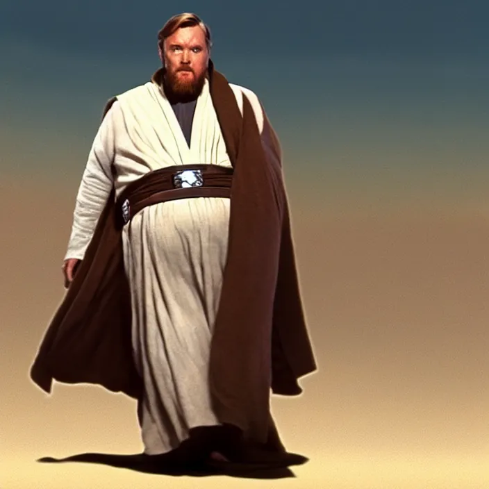 Prompt: obi wan kenobi but obese!! and overweight, photoralistic rendering, movie still, screenshot, hyperdetailed