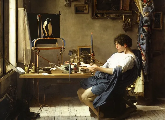 Image similar to an exhausted painter in his studio painting a picture of a penguin, by edgar maxence and caravaggio and michael whelan and delacroix style, artistic, intricate drawing, cinematic lighting, hyper realistic, extremely detailed, establishing shot, 8 k resolution, dramatic lighting