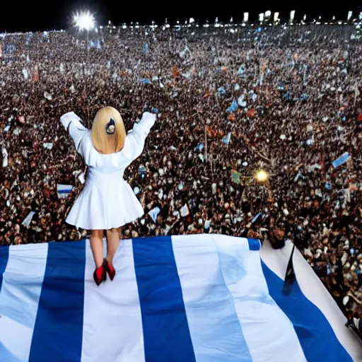 Image similar to Lady Gaga as president, Argentina presidential rally, Argentine flags behind, bokeh, giving a speech, detailed face, Argentina