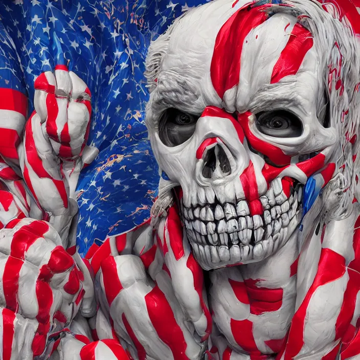 Prompt: PATRIOTIC portrait of joe biden as skeleton. burning distortions. intricate abstract. intricate artwork. by Tooth Wu, wlop, beeple, dan mumford. octane render, trending on artstation, greg rutkowski very coherent symmetrical artwork. cinematic, hyper realism, high detail, octane render, 8k, AMERICAN accents