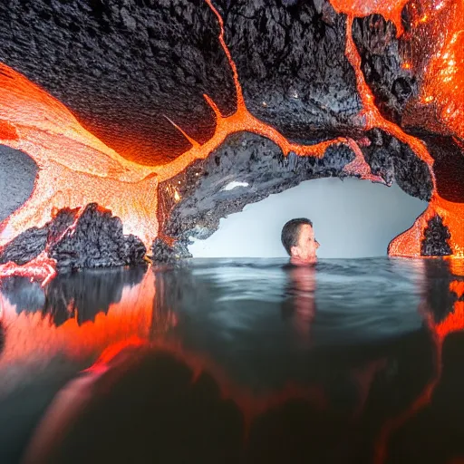 Image similar to head of neco - ark emerges from a lava lake, cave background, high detail, lava reflections, cave reflecting in the lava lake, dramatic shot