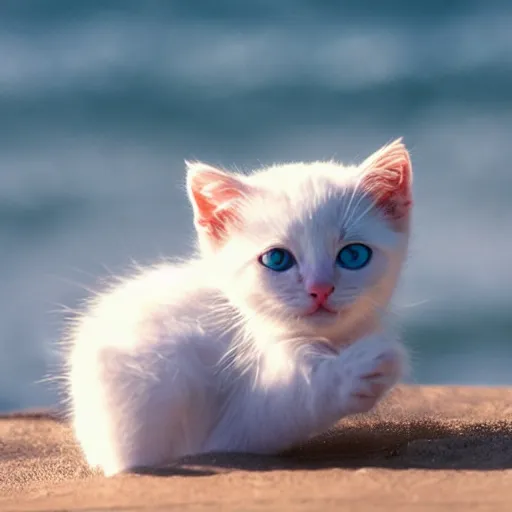 Prompt: a white kitten with sunglasses is surfing