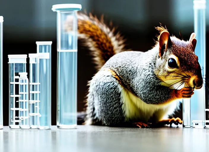 Image similar to film still of a squirrel working in a research lab filling test tubes, 8 k