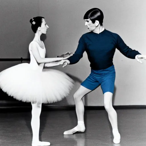 Prompt: mr spock wearing a blue tutu taking ballet lessons from a female klingon ballet teacher