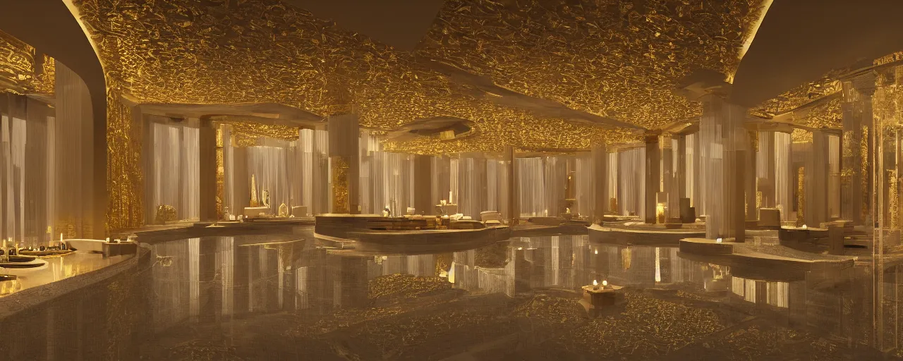 Image similar to photo of a cinematic interior of a triple height hyper luxury spa with everything made of gold, candles, windows with view to desert mountains and river, beige stone marble floor with reflection, small wellness relaxation pool, intricate hieroglyph detailed roof, contemporary design, fractal sacred geometry, 8 k, hyperrealistic, photorealism,