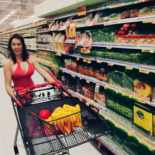 Image similar to a suburban housewife wearing a bikini, pushing a shopping cart in a grocery store,