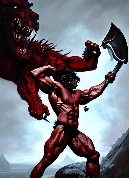 Image similar to portrait of aggressive demonic damned heracles slaying a beast, d & d, muscular! athetic slim bodybuilder, red and black, futuristic, fantasy, intricate, elegant, highly detailed, digital painting, artstation, concept art, smooth, sharp focus, illustration, art by artgerm and greg rutkowski and alphonse mucha