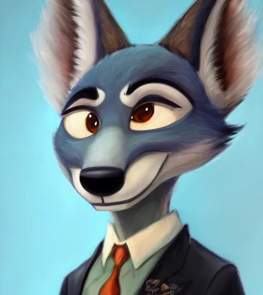 Image similar to oil painting of anthromorphic female wolf, in style of zootopia, zootopia, zootopia, fursona, furry, furaffinity, 4 k, deviantart, furry art, fursona art, wearing black business suit, business suit, in style of zootopia, wolf fursona, cyberpunk, female, expressive detailed feminine face,