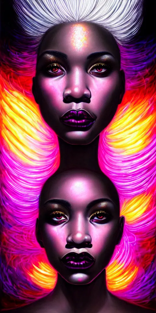 Prompt: hyperrealistic close-up of beautiful black woman with white hair and iridescent gold skin hannah yata dramatic neon lighting