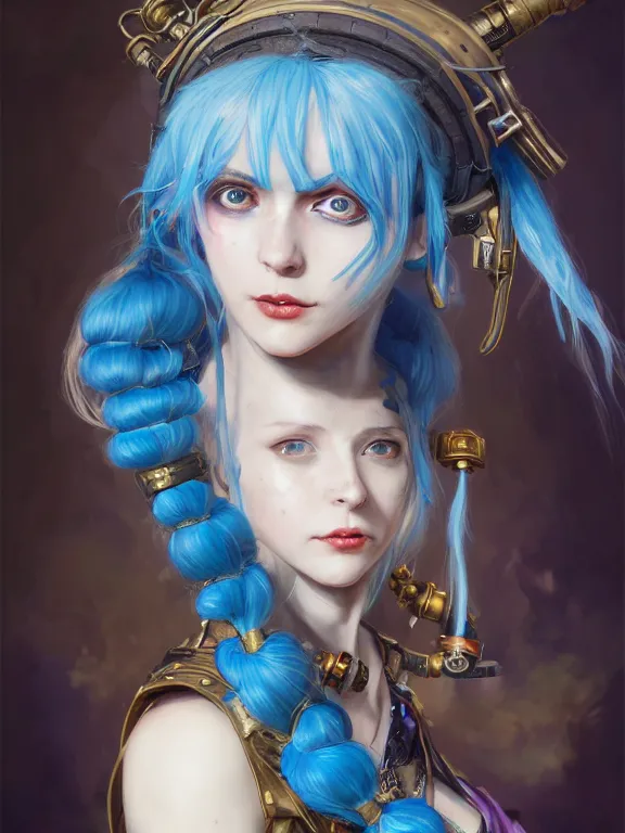 Prompt: a League of Legends FAN ART Portrait of crazy JINX , blue hair, long pigtail, steampunk,neuroticism,intricate, elegant, highly detailed, digital painting, concept art, smooth, sharp focus, illustration, by Laurie Greasley,Lawrence Alma-Tadema,Dan Mumford,artstation,deviantart,Unreal Engine,face enhance,8K,golden ratio,cinematic lighting