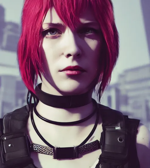 Image similar to detailed realistic female character cyberpunk wearing thick steel collar around neck, realistic, art, beautiful, 4K, collar, choker, collar around neck, punk, artstation, detailed, female, woman, choker, cyberpunk, neon, punk, collar, choker, collar around neck, thick collar, tight around neck, punk, choker