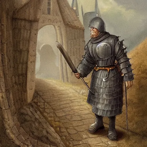 Image similar to fantasy art of an old, world weary medieval guard in the city watch, wearing a grey coat, wearing hobnail boots, wearing a kettle helm and walking down a cobbled road in a small medieval town