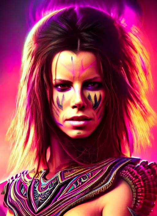 Image similar to hyper detailed ultra sharp aztec underworld warrior trance girl, beautiful face, kate beckinsale. trending on artstation, warpaint aesthetic, earthwave, colorful, neon, ornate, intricate, digital painting, concept art, smooth, sharp focus, illustration, art by artgerm and greg rutkowski and h. r. giger, 8 k