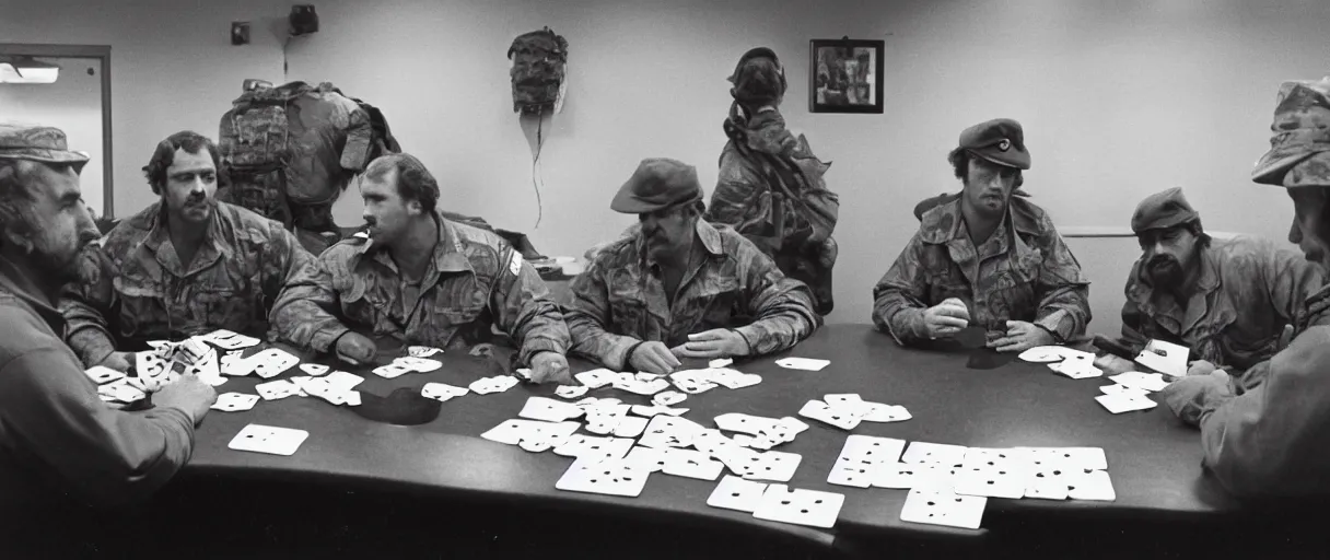 Image similar to a high quality extreme wide establishing shot hd 4 k film 3 5 mm color photograph of a group of grizzled caucasian male civilian military contractors sitting at a square table playing cards in a dimly lit breakroom smoking ciggarettes in 1 9 8 2