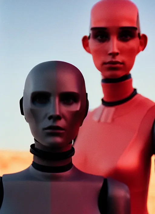 Prompt: cinestill 5 0 d photographic portrait of two scandalous loving female androids wearing rugged black techwear body suits on a desolate plain with a red sky, extreme closeup, cyberpunk style, garters, dust storm, 8 k, hd, high resolution, 3 5 mm, f / 3 2, ultra realistic faces, ex machina