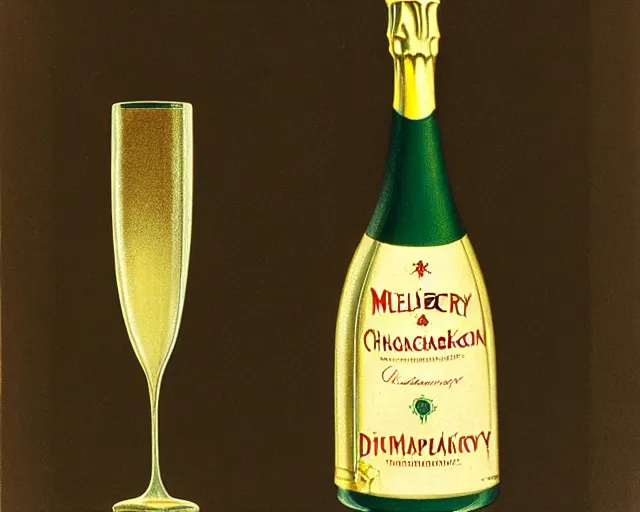 Prompt: melchizedek champagne bottle. leonetto cappiello, pur champagne damery, 1 9 0 2.