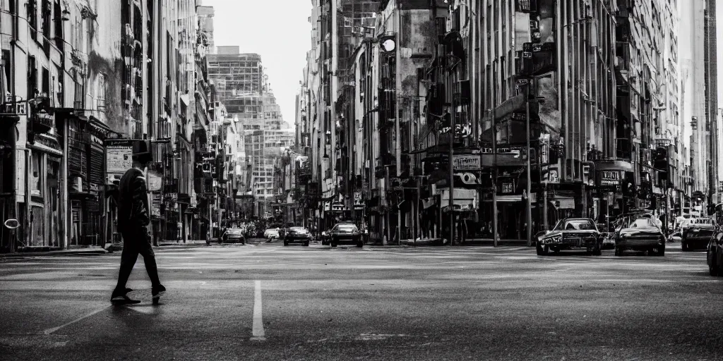 Image similar to city street, a person in center frame, future retro, cinematic, atmospheric, underexposed, long lens, cinematography by greig fraser