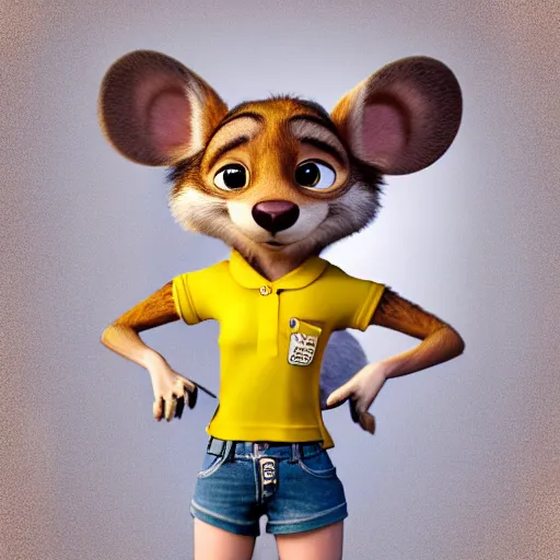 Image similar to 3 d render, portrait, headshot, closeup, anthropomorphic mouse, female, wearing denim short shorts and a off yellow tank top, in the style of zootopia, closeup