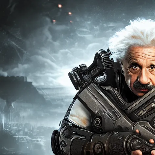 Image similar to Albert Einstein in Gears of War, splash art, movie still, detailed face, cinematic lighting, dramatic, octane render, long lens, shallow depth of field, bokeh, anamorphic lens flare, 8k, hyper detailed, 35mm film grain