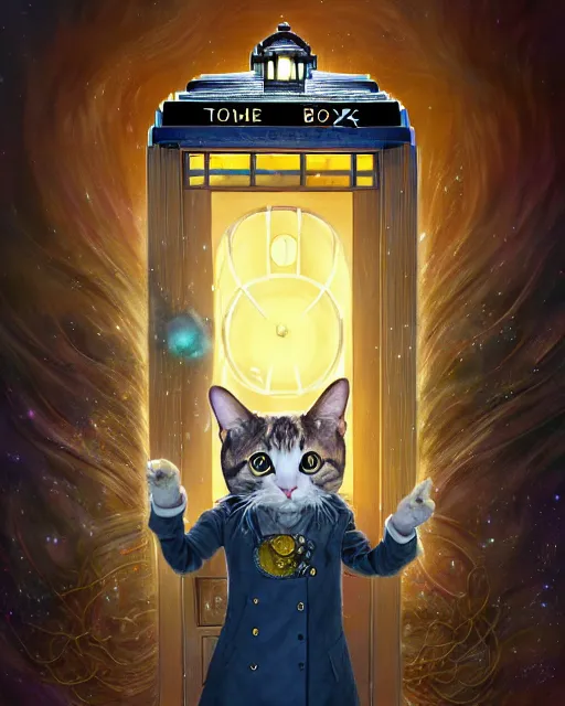 Image similar to anthropomorphic art of a timelord cat inside tardis, victorian inspired clothing by artgerm, victo ngai, ryohei hase, artstation. fractal papersand books. highly detailed digital painting, smooth, global illumination, fantasy art by greg rutkowsky, karl spitzweg, doctor who