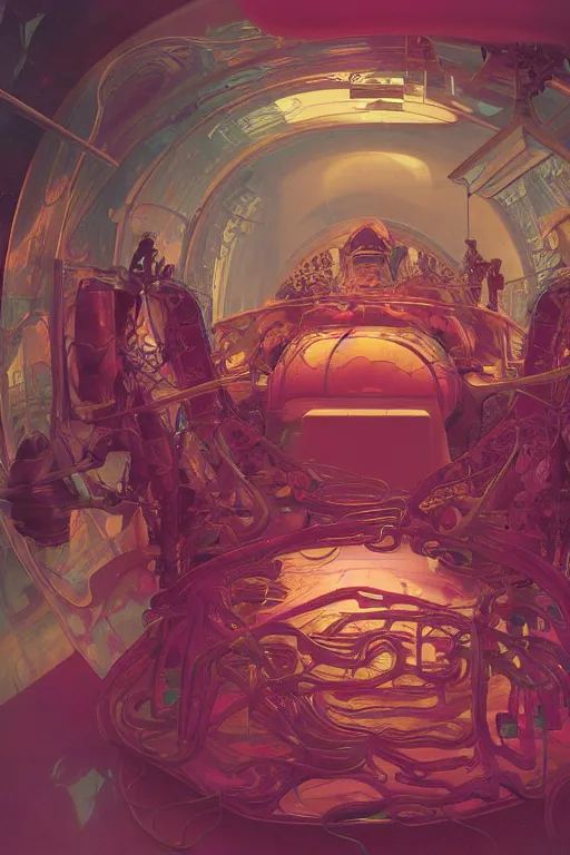 Image similar to interior of a Stomach digesting filled with glowing pink water, Digestion Acid, Skeleton, Cross section, Claustrophobic, seapunk Mecha , vaporwave , digital art, artstation, by WLOP, Ilya repin, alphonse mucha., Very highly detailed 8K, octane, Digital painting, the golden ratio,