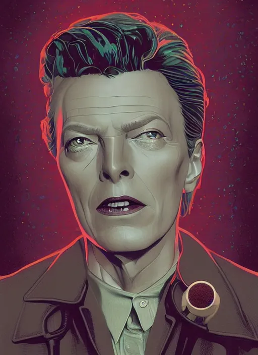 Prompt: Twin Peaks poster artwork by Michael Whelan and Tomer Hanuka, Karol Bak, Rendering of David Bowie as an X-Files agent, from scene from Twin Peaks, full of details, by Makoto Shinkai and thomas kinkade, Matte painting, trending on artstation and unreal engine