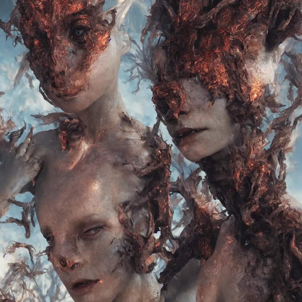 Image similar to extremely detailed cinematic movie still of fire goddess hyperreal skin face by denis villeneuve, wayne barlowe, simon birch, marc simonetti, philippe druillet, beeple bright volumetric sunlight, rich moody colors, bokeh