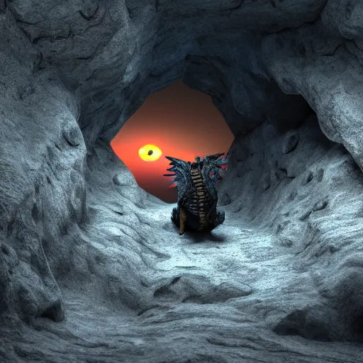 Prompt: dragon sitting by a cavern, sunrise, ultra photorealistic, 8k, cinematic, dramatic