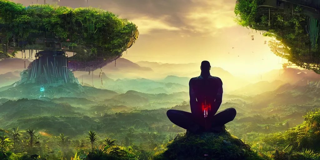 Prompt: a cinematic composition depicting : a computer run lush civilization encroaching on a degrading cyberpunk world, on top of the mountain a mysterious man sits in a lotus pose using his transformative energy to transition to a hopeful and lush foresty solarpunk valley at sunrise