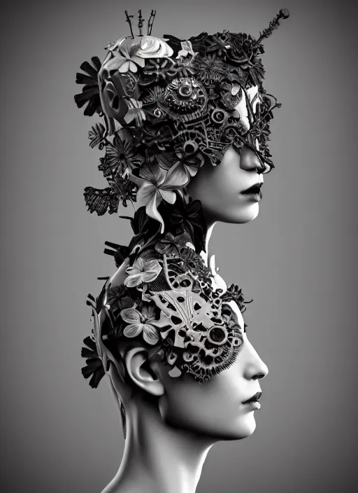 Image similar to monochrome 3 d model, floral steampunk biomechanical beautiful young female cyborg with porcelain profile face and a big floral eye, volumetric light, leaves foliage and stems, hibiscus flowers, boho floral vines, sinuous fine roots, fine foliage lace, alexander mcqueen, rim light, big gothic pearl embroidered collar, octane render, 8 k