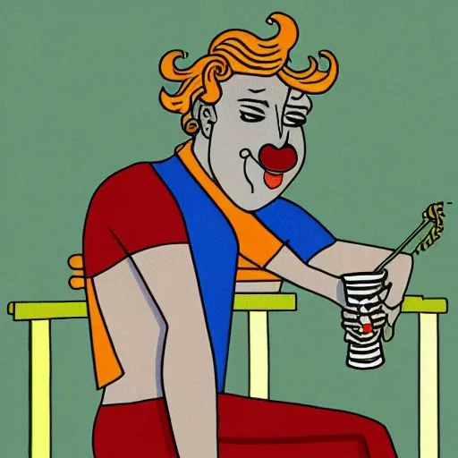 Image similar to illustration of the greek god eros who is a clown, has hurt his knee, sitting in a chair and is watching the game on tv, beer in hand